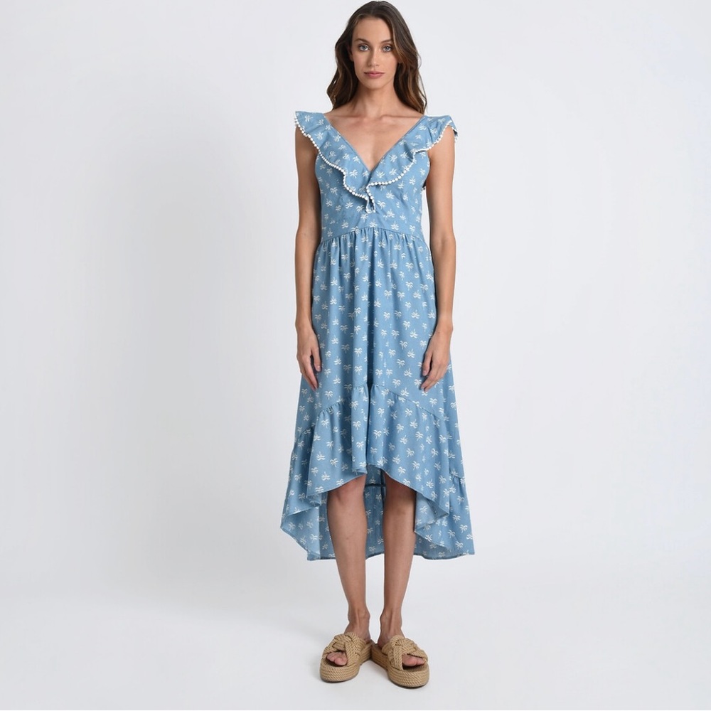 NWT Molly bracken large blue palm tree high low woven dress